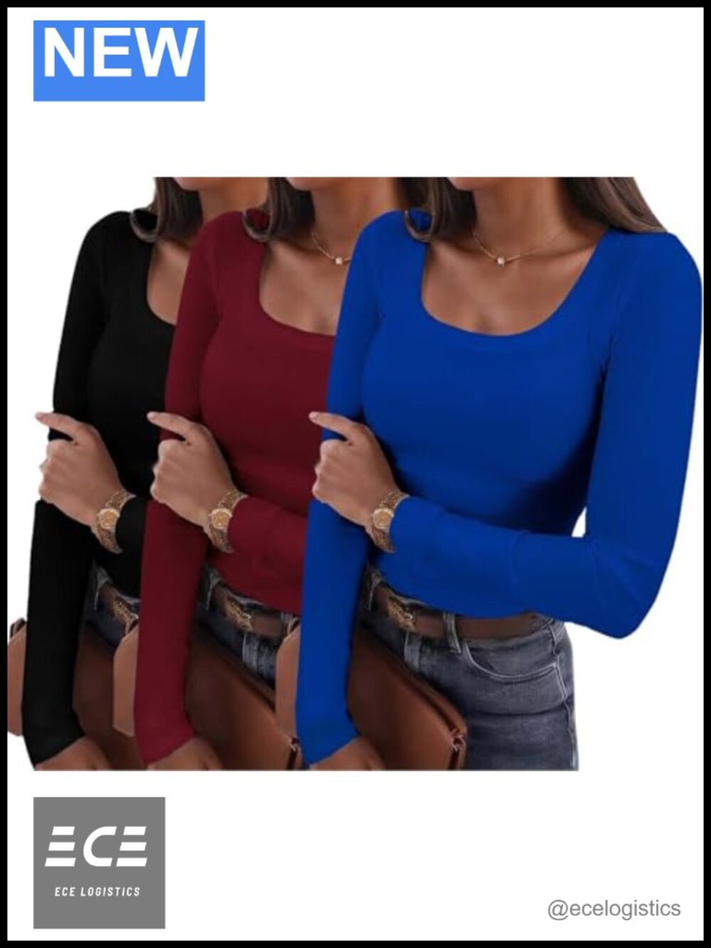 Women's Ribbed Knit Long Sleeve Scoop Neck Slim Fit T-Shirt Set of 3